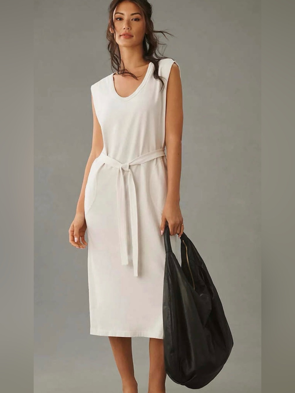Velvet by Graham & Spencer Maci Deep Scoop Neck Cream Tie-Waist Midi Dress